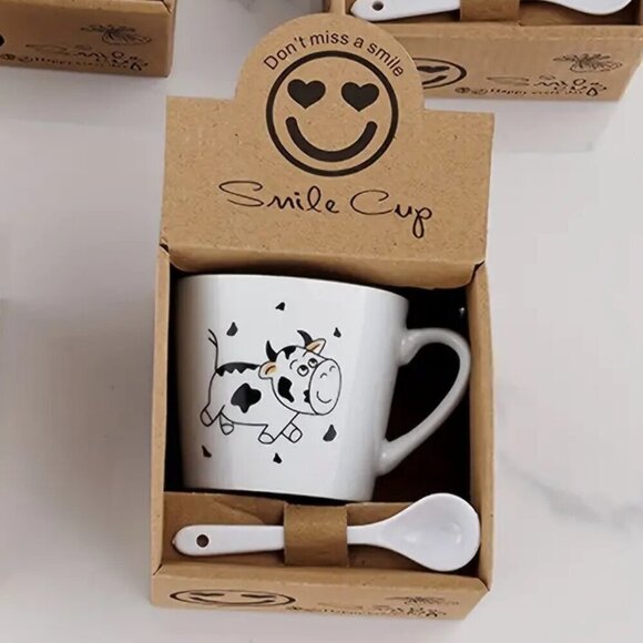 Cartoon Ceramic Cup Mug Creative Cow + Spoon - Picture 2 of 5